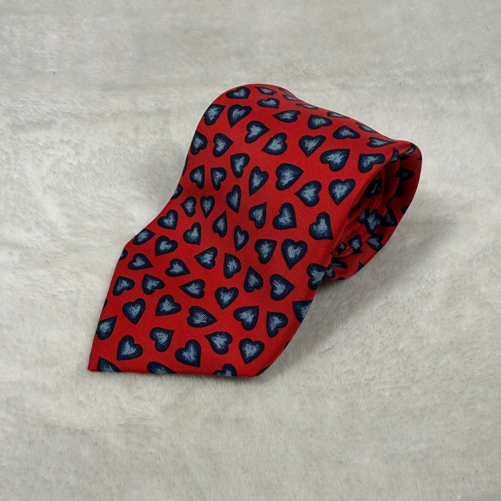 Hermes Paris Mens Red Blue Heart Print 100% Silk Necktie Made in France